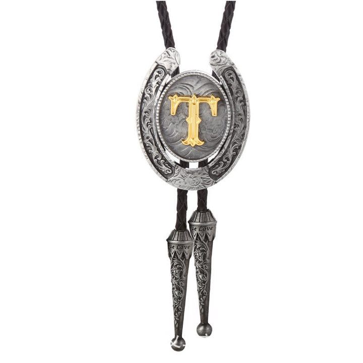 Modern Western Horseshoe Initial Letter A To Z Bolo Tie - Silver - T - image 50