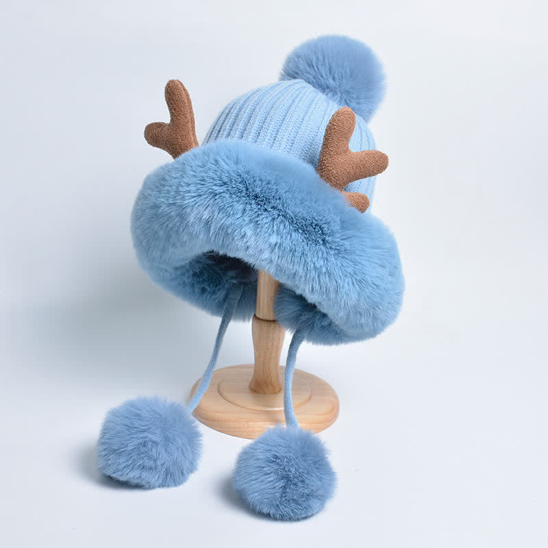 Women's Cute Deer Horn Pompom Knitted Hat - Blue - Adjustable (Approx. 21 5/8"-23 7/8") - image 6