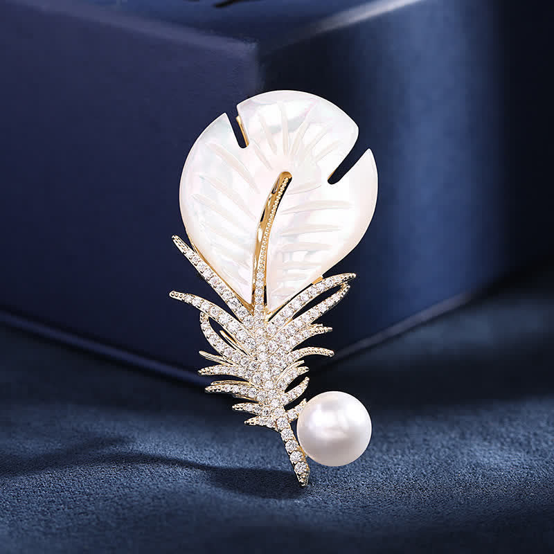 Women's Pearl Shell Feather Brooch - Gold - image 0