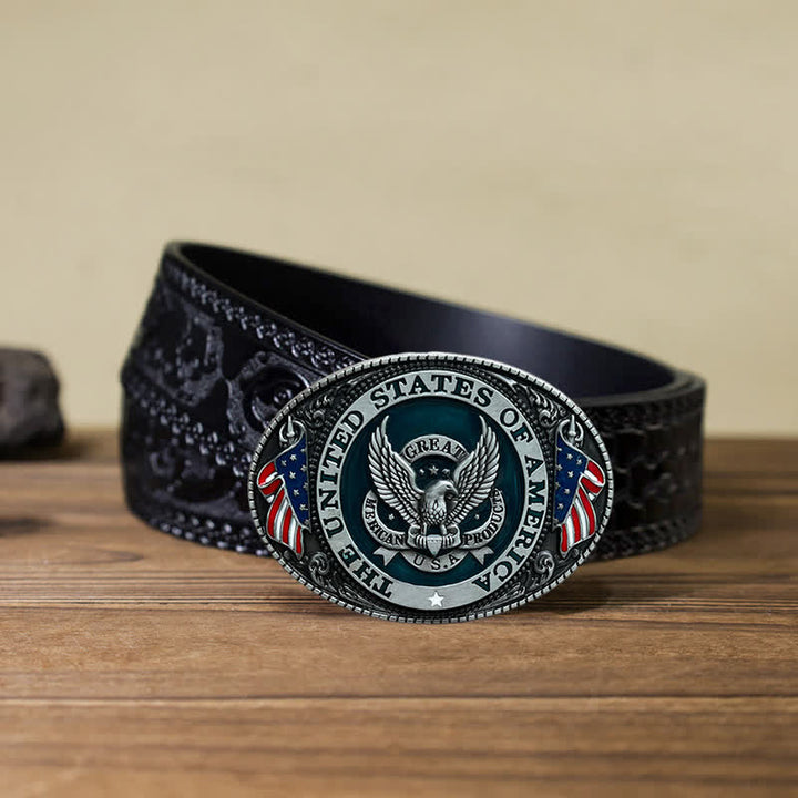 Men's DIY Patriotic Eagle Flag Buckle Leather Belt - Eagle - Black Carved Belt (40) - image 9