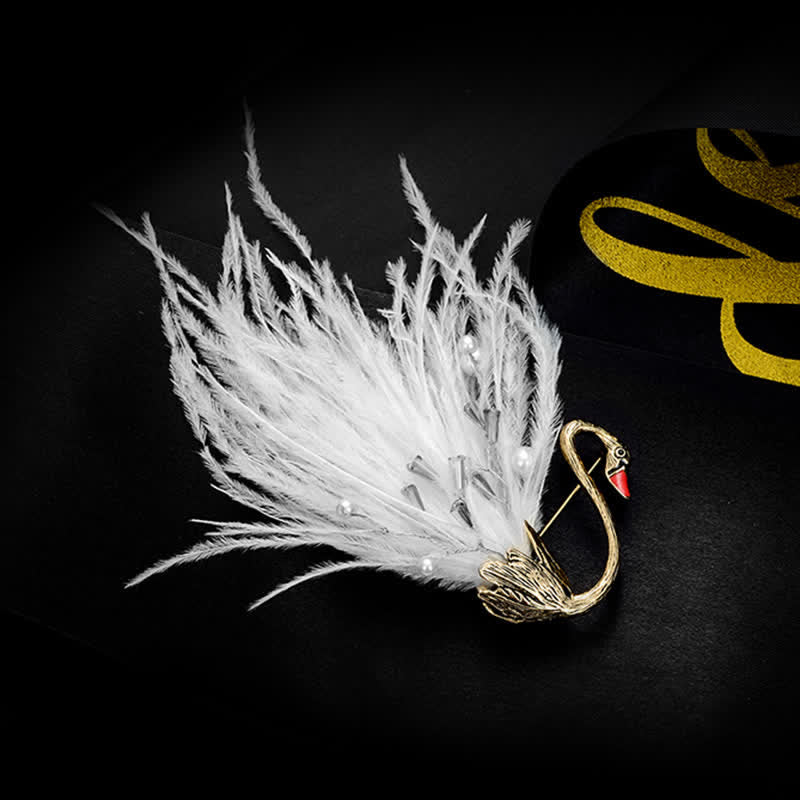 Women's Black / White Swan Plush Feather Brooch - image 12
