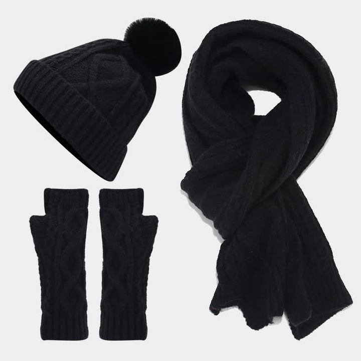 3Pcs Women's Cable Knitted Hat Scarf Fingerless Mittens Set - Black - Adjustable (22"-22 7/8") - image 13