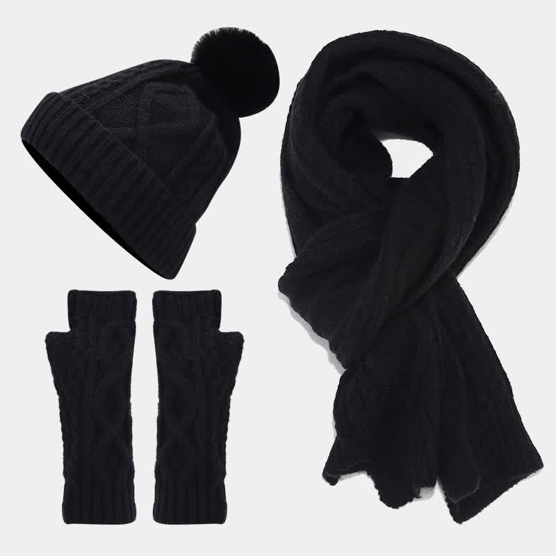 3Pcs Women's Cable Knitted Hat Scarf Fingerless Mittens Set - Black - Adjustable (22"-22 7/8") - image 13