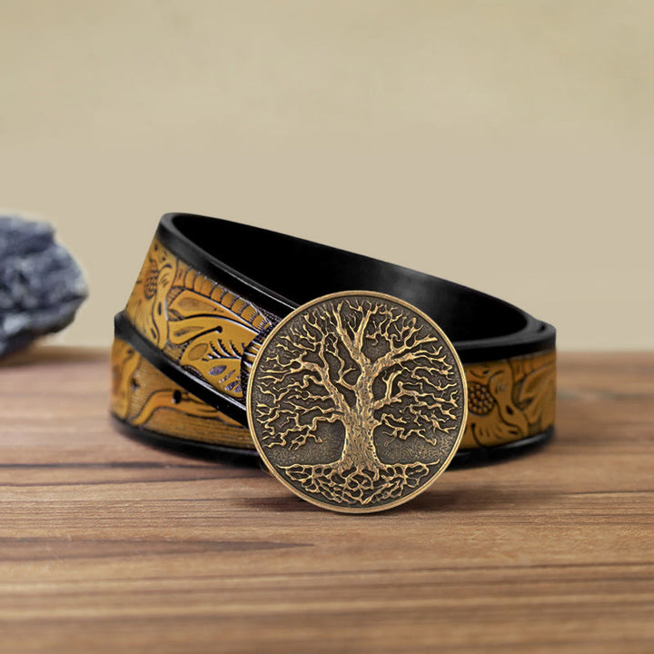 Men's DIY Tree of Life Round Buckle Leather Belt - Bronze - SandyBrown Belt (40) - image 20