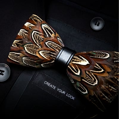 Kid's Brown Pheasant Feather Bow Tie with Lapel Pin - image 1