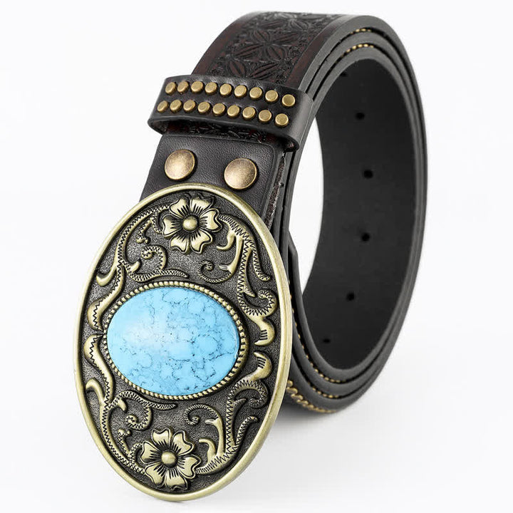 Men's Bohemian Style Oval Turquoise Leather Belt - Black - 44 - image 0