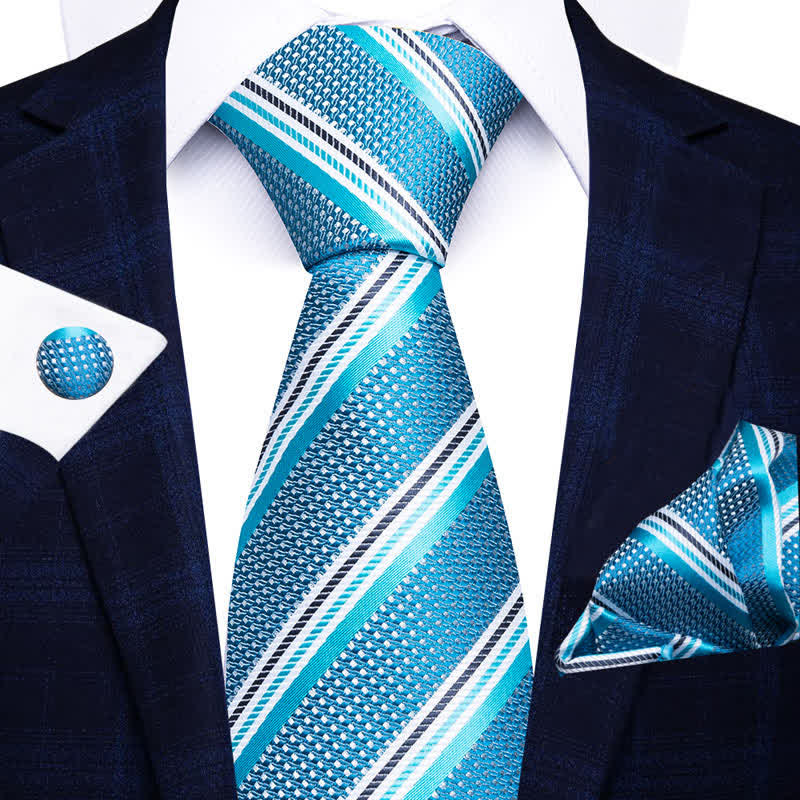Turquoise & Aqua Blue 3Pcs Men's Striped Necktie Set - Turquoise & Aqua Blue - image 0