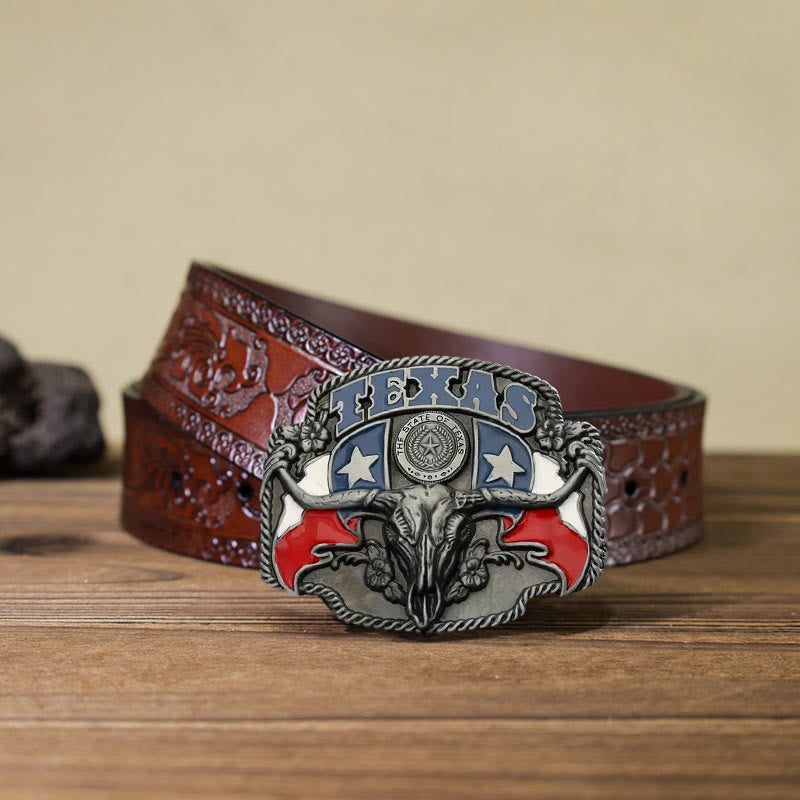Men's DIY Texas Flag Longhorn Bull Buckle Leather Belt - Bull - Brown Carved Belt (40) - image 10