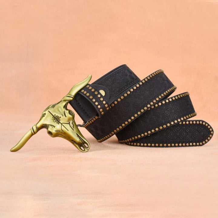 Men's Western Cattle Head Rivet Embossed Leather Belt - image 8
