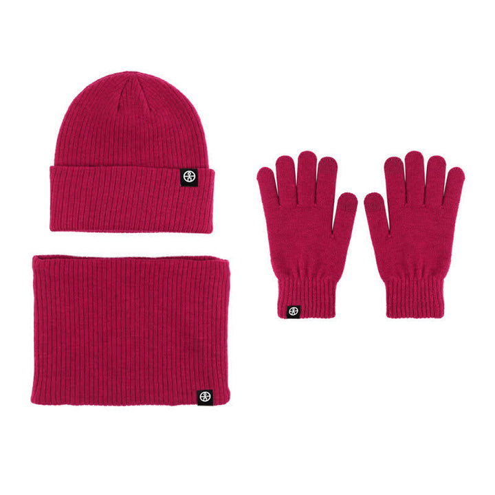 3Pcs Unisex Solid Color Soft Hat Scarf Gloves Set - Crimson - Adjustable (Approx. 21 1/4"-23 1/4") - image 17