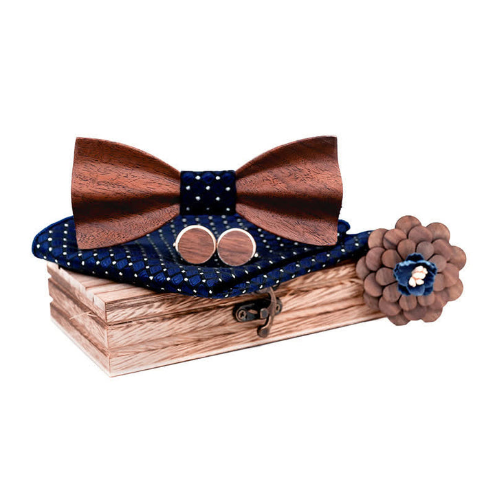 4Pcs Men's Black Walnut Wooden Bow Tie Set - MidnightBlue - image 8
