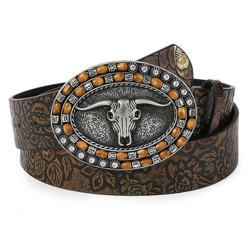 Men's Wooden Beads Carving Bull Head Leather Belt - Brown - 36 - image 0