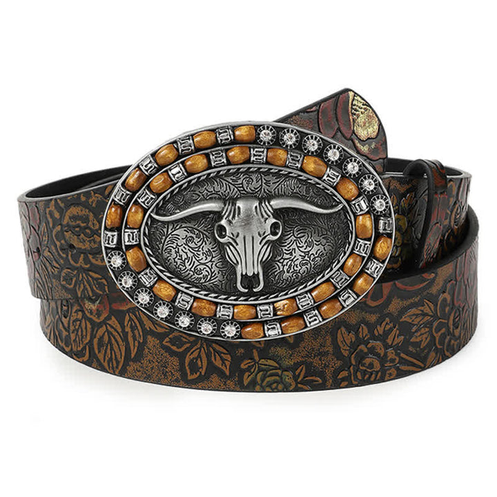 Men's Wooden Beads Carving Bull Head Leather Belt - Brown - 36 - image 0