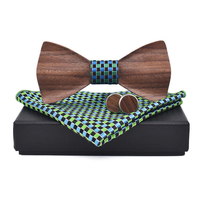 3Pcs Men's Black Walnut Wooden Bow Tie Set - Green - image 10
