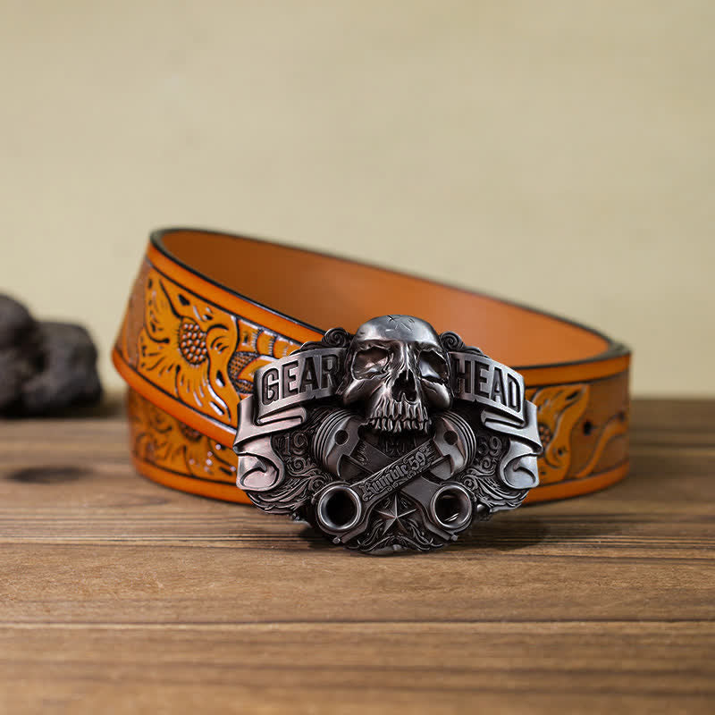 Men's DIY Gear Head Piston Skull Buckle Leather Belt - Gear Head - Orange Carved Belt (40) - image 15