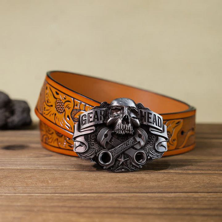 Men's DIY Gear Head Piston Skull Buckle Leather Belt - Gear Head - Orange Carved Belt (40) - image 15