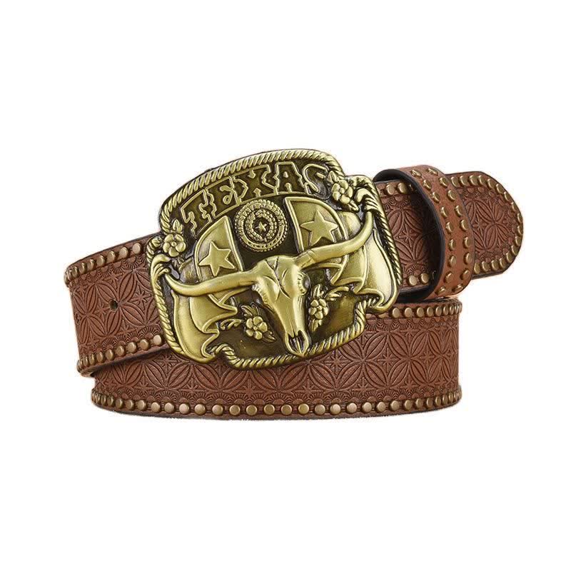 Men's Antique Longhorn Steer Rivet Leather Belt - image 0