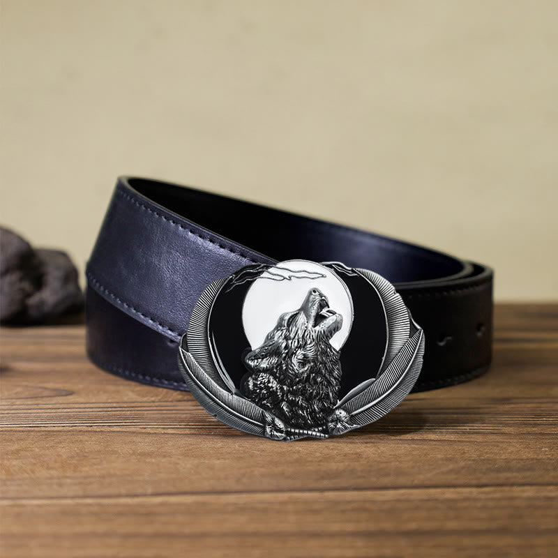 Men's DIY Howling Wolf Moon Oval Buckle Leather Belt - White - Black PU Belt (40) - image 7