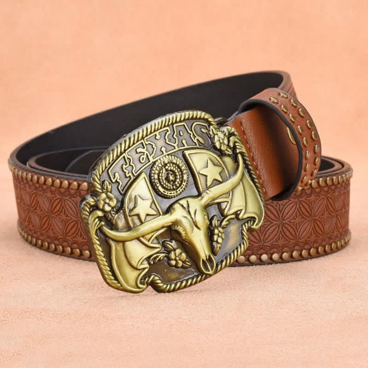 Men's Antique Longhorn Steer Rivet Leather Belt - image 2