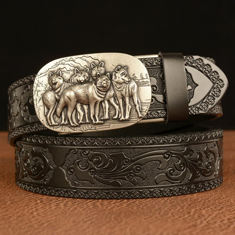 Men's Retro Pack Of Wolves Leather Belt - Silver & Black - 46 - image 14