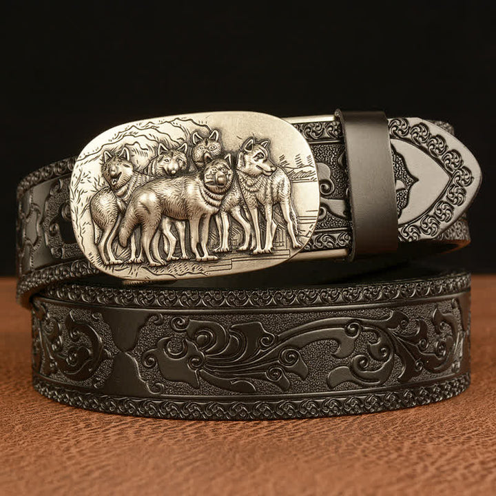Men's Retro Pack Of Wolves Leather Belt - Silver & Black - 46 - image 14