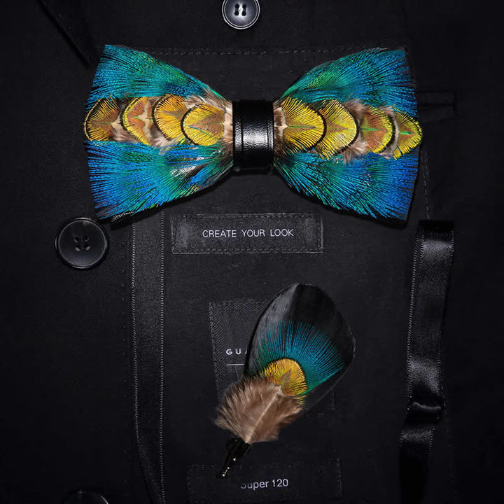 Kid's Blue & Green-yellow Feather Bow Tie with Lapel Pin - Adult - image 2