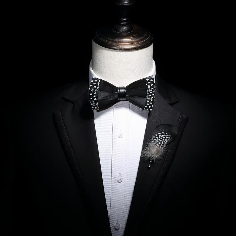 Black Polka-dotted Feather Bow Tie with Lapel Pin - image 3