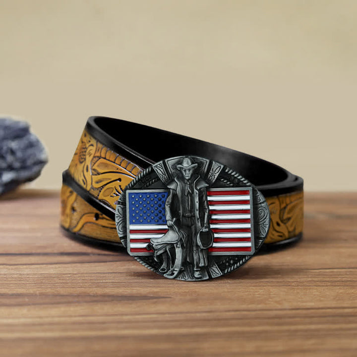 Men's DIY American Flag Cowboy Buckle Leather Belt - Cowboy - SandyBrown Belt (40) - image 16