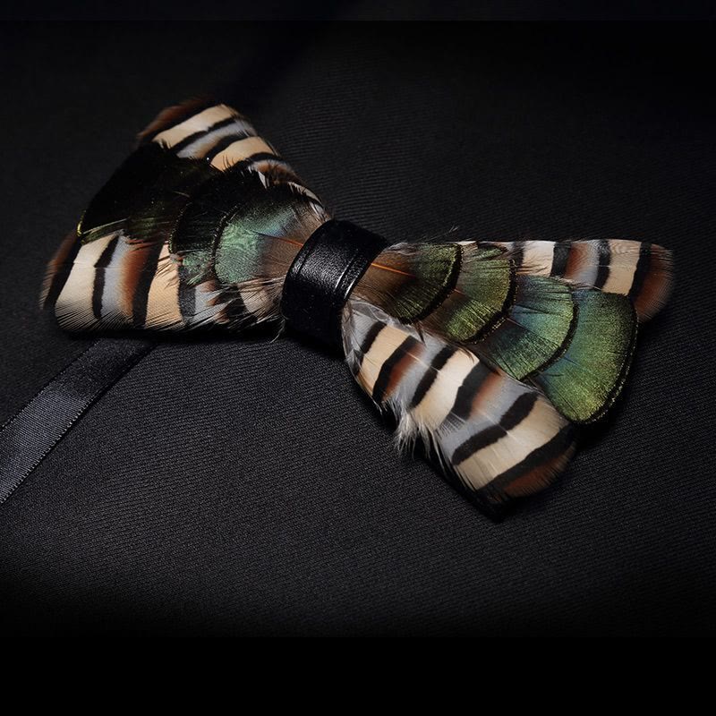 Green & Beige Geese Feather Bow Tie with Lapel Pin - image 1