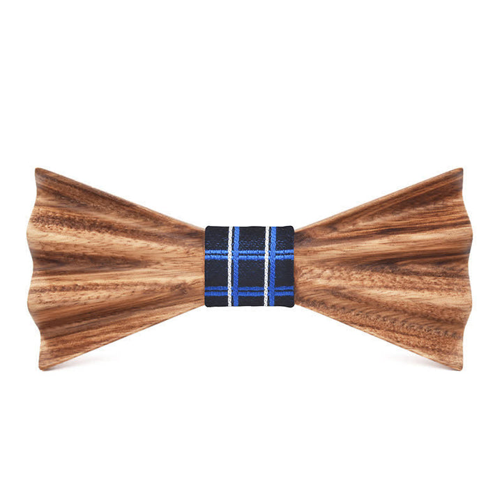 Men's Brown Stereo 3D Folded Wooden Bow Tie - Navy Plaid - image 5
