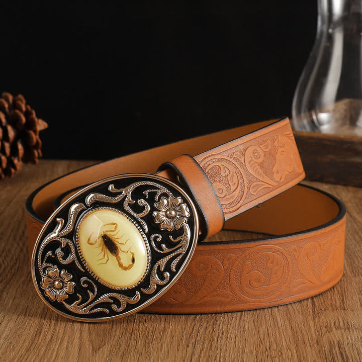 Men's Animal Scorpion Flower Buckle Leather Belt - Brown #1 - 40 - image 4