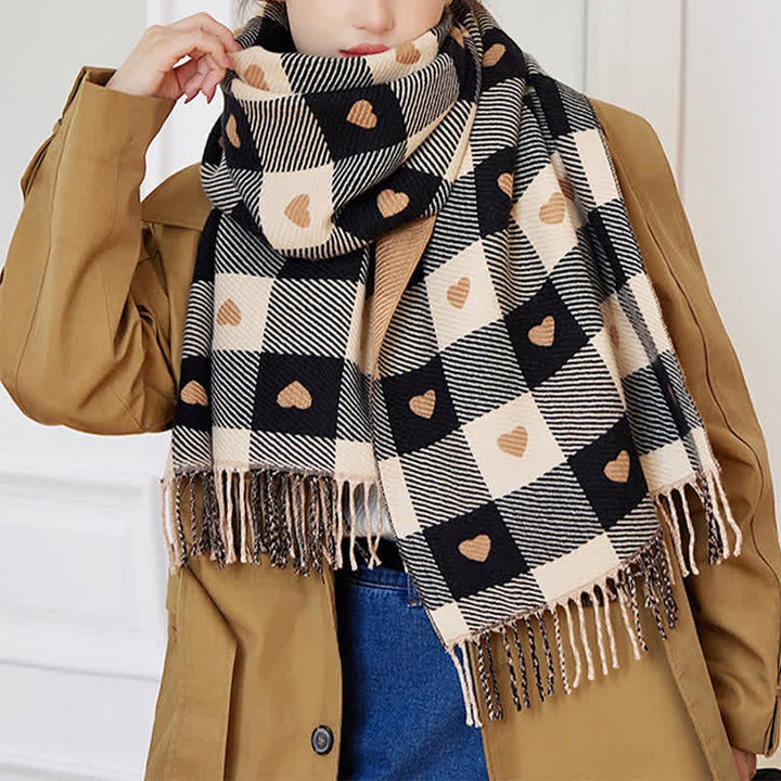 Women's Winter Cape Love Checkerboard Scarf - Black - image 4