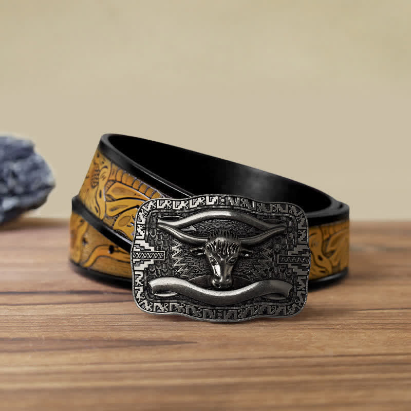 Men's DIY Silver Square Longhorn Bull Buckle Leather Belt - Bull Head - SandyBrown Belt (40) - image 14