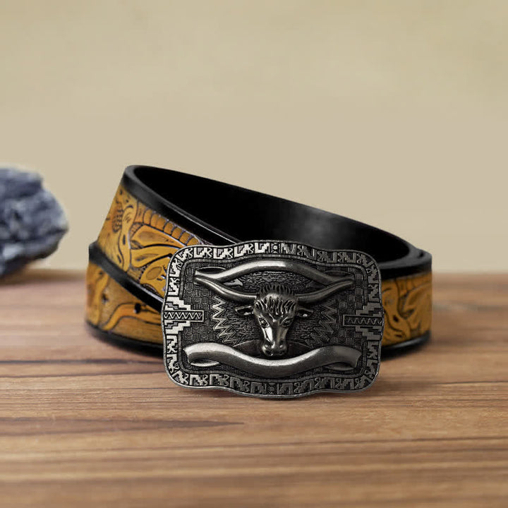 Men's DIY Silver Square Longhorn Bull Buckle Leather Belt - Bull Head - SandyBrown Belt (40) - image 14