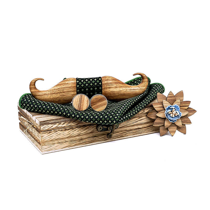 4Pcs Men's Burlywood Moustache Wooden Bow Tie Set - Green - image 11