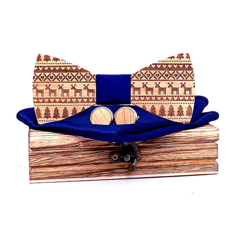 3Pcs Men's Christmas Theme Pattern Wooden Bow Tie Set - Dark Blue - image 8
