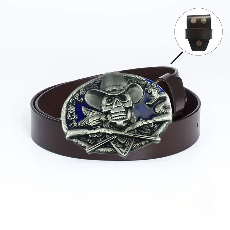 Men's Pirate Skull Cross Guns Leather Belt - Leather Linker - Brown / Blue Glaze - 46 - image 18