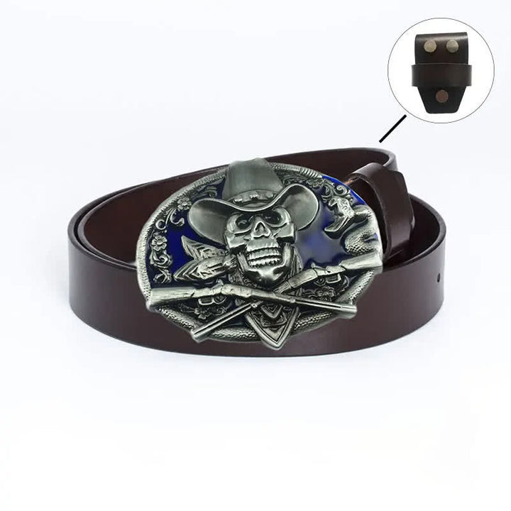 Men's Pirate Skull Cross Guns Leather Belt - Leather Linker - Brown / Blue Glaze - 46 - image 18