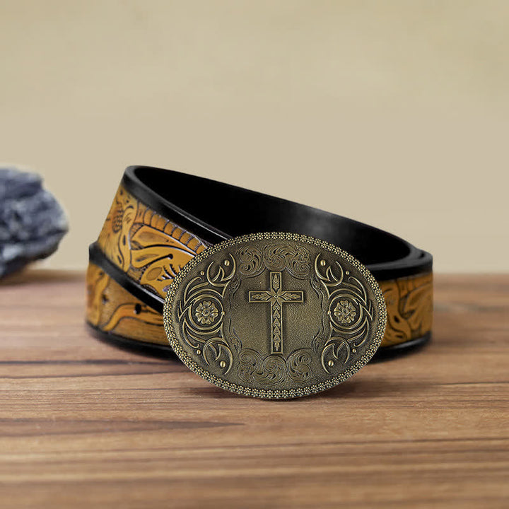 Men's DIY Carved Cross Flower Buckle Leather Belt - Cross - SandyBrown Belt (40) - image 12