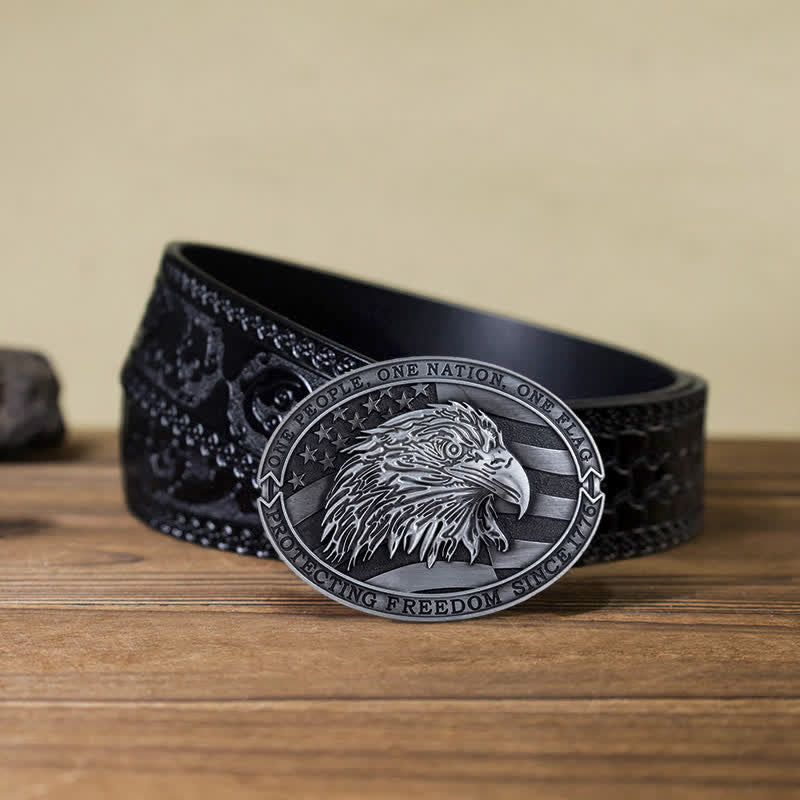 Men's DIY Patriotic Bald Eagle USA Flag Buckle Leather Belt - Antique Silver - Black Carved Belt (40) - image 15