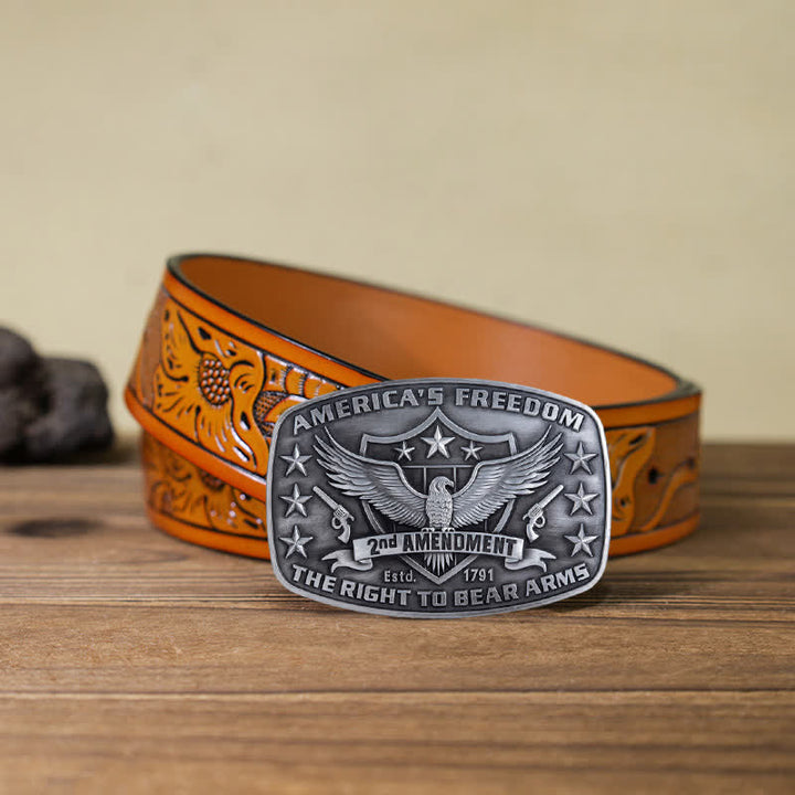 Men's DIY Eagle America's Freedom Buckle Leather Belt - Antique Silver - Orange Carved Belt (40) - image 23