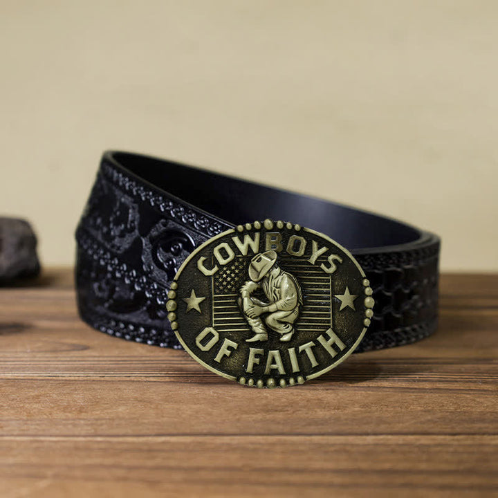 Men's DIY Cowboys Of Faith Buckle Leather Belt - Antique Gold - Black Carved Belt (40) - image 13