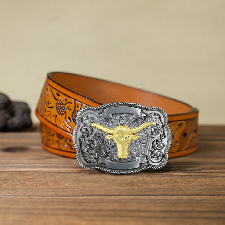 Men's DIY Gold Carving Animal Buckle Leather Belt - Bull - Orange Carved Belt (40) - image 45