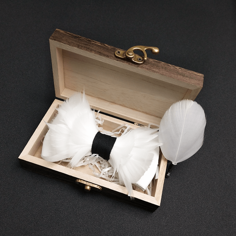 White & Black Elegant Feather Bow Tie with Lapel Pin - image 1