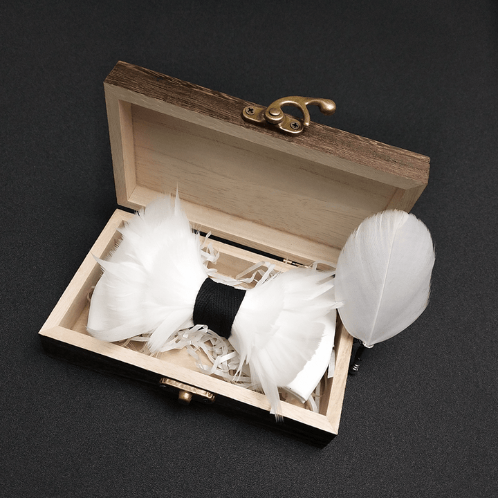 White & Black Elegant Feather Bow Tie with Lapel Pin - image 1
