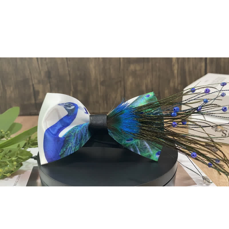 Blue Peacock Tail Beaded Feather Bow Tie - image 5