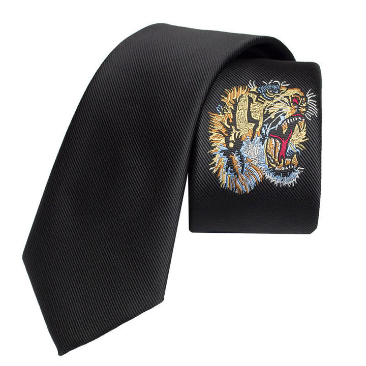 Men's Black Embroidery Tiger Necktie - Black - image 0
