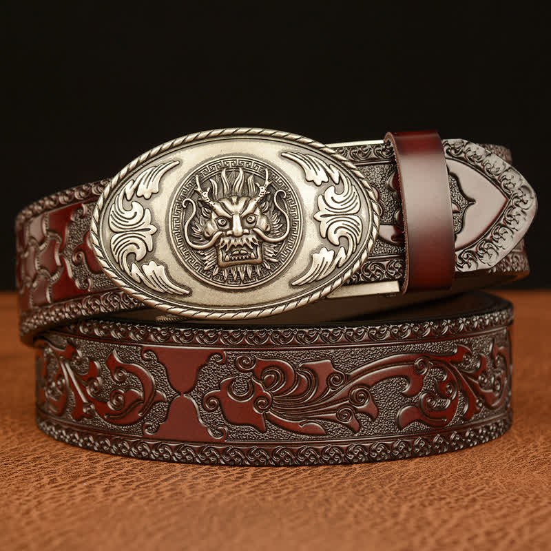 Men's Dragon Elliptical Buckle Leather Belt - Silver & Brown - 46 - image 14
