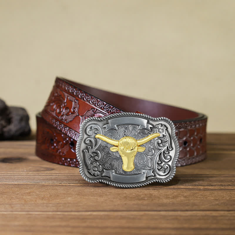 Men's DIY Gold Carving Animal Buckle Leather Belt - Bull - Brown Carved Belt (40) - image 43