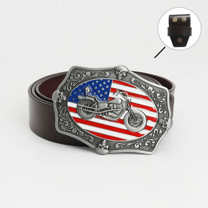 Men's Motorcycle American Flag Skull Leather Belt - Leather Linker - Brown - 46 - image 12
